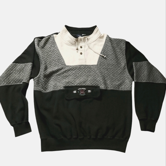 Vintage 90s Saugatuck Dry Goods Black Grey Quilted Pull Over Sweatshirt sz XL - Picture 1 of 5